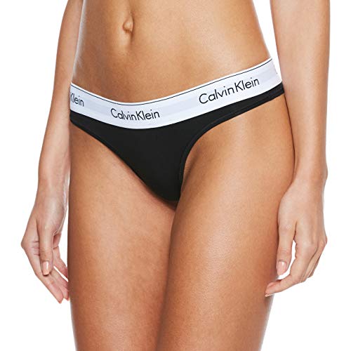 Calvin Klein Modern Cotton-Thong Tanga, Negro (BLACK/WHITE), X-Small para Mujer
