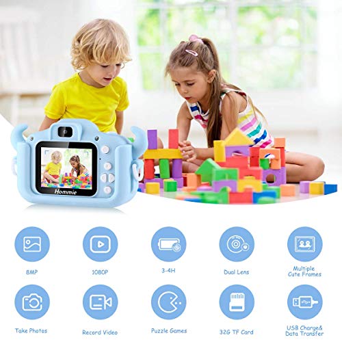 Cámara Digital para Niños, Hommie 2.0" HD Camara Fotos Niña de Doble Lente 8MP/1080p, Cámara Digitale Selfie para Niña de Tarjeta 32GB, Regalo Ideal para Niños de 3-12 Años,Cámara para Niña, Azul
