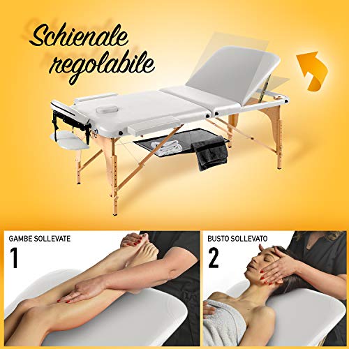 Camilla de masaje 3 zonas madera portátil con red y temporizador incluidos, color blanco