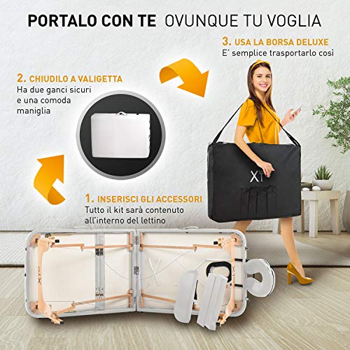 Camilla de masaje 3 zonas madera portátil con red y temporizador incluidos, color blanco