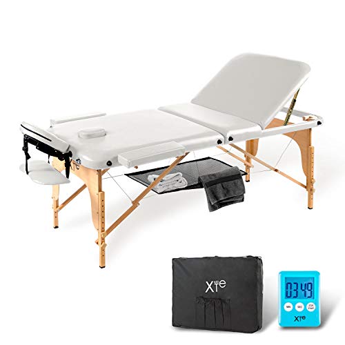 Camilla de masaje 3 zonas madera portátil con red y temporizador incluidos, color blanco