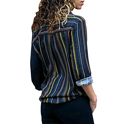 Camisa de Talla Grande para Mujer, Camiseta de Manga Larga con Cuello de Pico Estampado Casual Elegantes Deporte Blusa Oficina Raya t Shirt Moda Botón Tops Primavera Verano riou