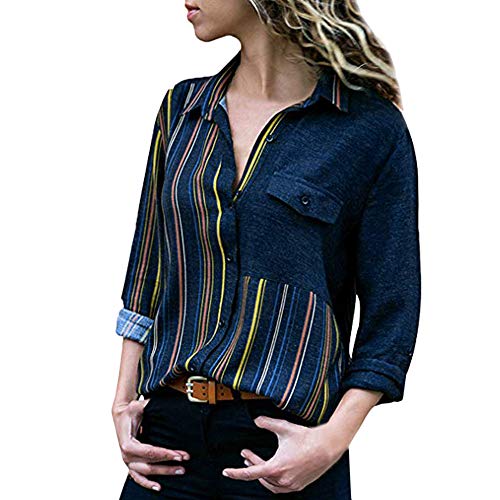 Camisa de Talla Grande para Mujer, Camiseta de Manga Larga con Cuello de Pico Estampado Casual Elegantes Deporte Blusa Oficina Raya t Shirt Moda Botón Tops Primavera Verano riou