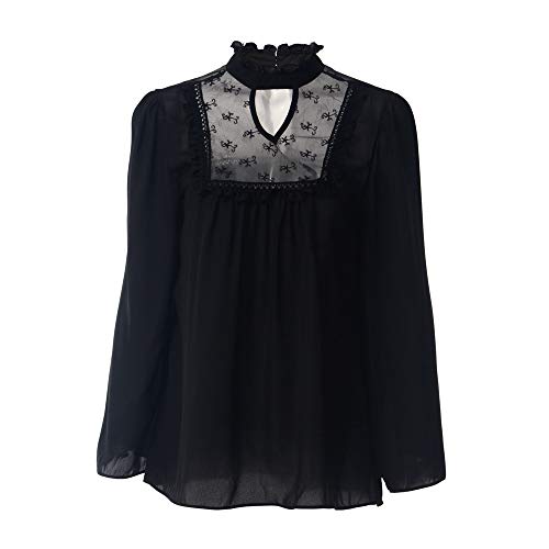 Camiseta de Costura de Manga Larga de Color sólido de Encaje Hueco de otoño para Mujer