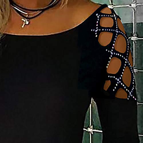 Camiseta de Manga Larga para Mujer con Cuello Redondo FríO Hombro Manga Larga Tops Casual Flojo Hueco Tiras Camisetas BáSicas Blusa Camisetas de Mujer de Moda 2019 Buyo(Negro,XXXL)