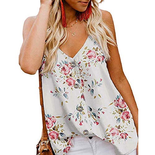 Camisetas Mujer Tirantes Sexy Verano 2019 ，BuyO Camiseta Botones Sin Mangas con Cuello En V Tops Sin Tirantes Camisas Gasa Casual Flojas Blusas