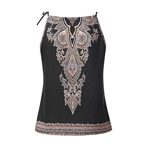 Camisetas sin Mangas Mujer SHOBDW Verano Playa Mar Estampado Floral De Bohemia Cuello Halter Camisola Escotado por Detrás Fuera De La Cosecha De Hombro Chaleco Camiseta para Mujer(Negro,M)