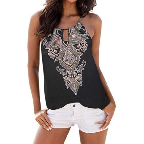 Camisetas sin Mangas Mujer SHOBDW Verano Playa Mar Estampado Floral De Bohemia Cuello Halter Camisola Escotado por Detrás Fuera De La Cosecha De Hombro Chaleco Camiseta para Mujer(Negro,M)