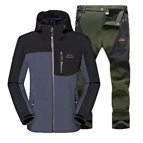 Camping Shan Hombres Chaqueta de Invierno Cálido Pantalones Senderismo Ropa Impermeable Montaña Softshell Fleece Windbreaker Pantalones 5XL Gray Black XXXL