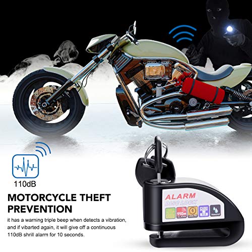 Candado Moto, 110dB Antirrobo Candado de Disco con1.5M Cable Enrollado y Candado Bolsa y 6 Batería Repuesto, Cerradura con alarma para Motos Motocicletas Bicicletas