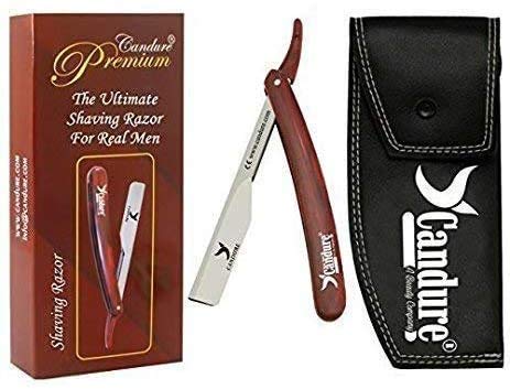 Candure Navaja Afeitar de Barbero Tradicional navajas de barbero Profesional Maquinilla de Afeitar la Afeitado Barba - Afeitado Manual con Cuchillas y Bolsa de Cuero