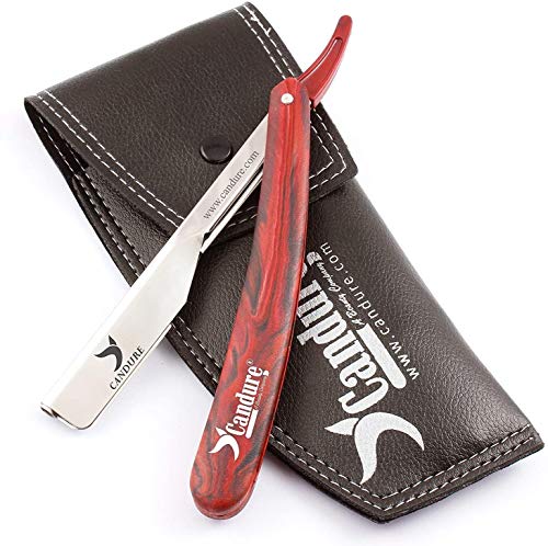 Candure Navaja Afeitar de Barbero Tradicional navajas de barbero Profesional Maquinilla de Afeitar la Afeitado Barba - Afeitado Manual con Cuchillas y Bolsa de Cuero