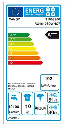 Candy Rapidò RO16106DWHC7/1S - Lavadora carga frontal 10Kgs, 9 ciclos rápidos, 1600rpm, WiFi & Bluetooth, motor inverter, panel control en escotilla, función vapor, 51dB, Clase A+++-40%AA, blanco