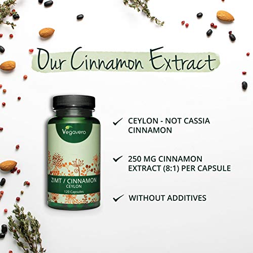 Canela de Ceylán Vegavero® | 2000 mg | Sin Aditivos Artificiales | Control de Glucosa - Azúcar en Sangre | 120 Cápsulas | Apto para Veganos