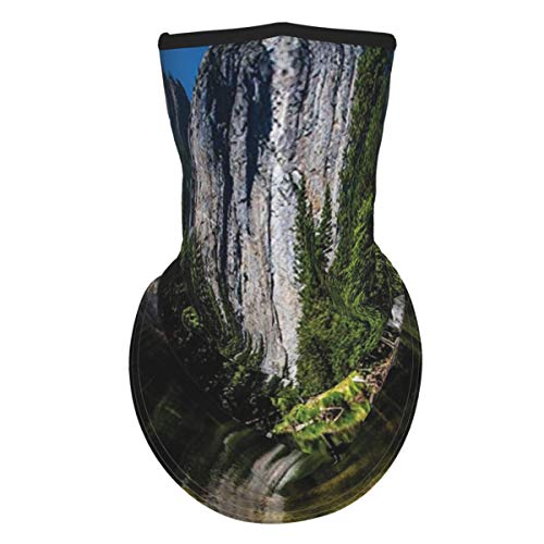 cap hat Large Granite Cliff Surrounded by Trees and River Under Clear Sky Wild Beauty Scenery Green Blueface Bandana Neck Gaiter with Ear Loops, UV Sun Protection Reusable Cloth Scarf Balaclava