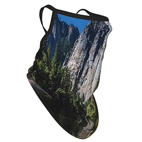 cap hat Large Granite Cliff Surrounded by Trees and River Under Clear Sky Wild Beauty Scenery Green Blueface Bandana Neck Gaiter with Ear Loops, UV Sun Protection Reusable Cloth Scarf Balaclava