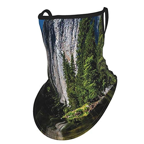 cap hat Large Granite Cliff Surrounded by Trees and River Under Clear Sky Wild Beauty Scenery Green Blueface Bandana Neck Gaiter with Ear Loops, UV Sun Protection Reusable Cloth Scarf Balaclava