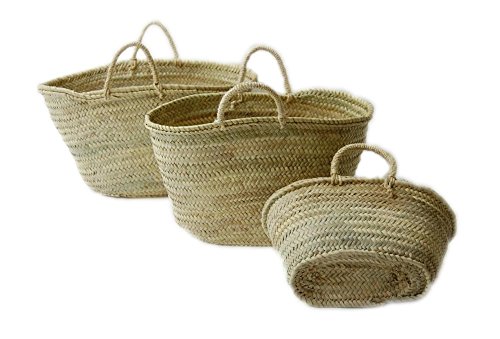 Capazo de Palma Reforzado, Cesto o Bolso de Mimbre para la Playa, Fibras Naturales. (5V, Aprox. 30x18 cm)