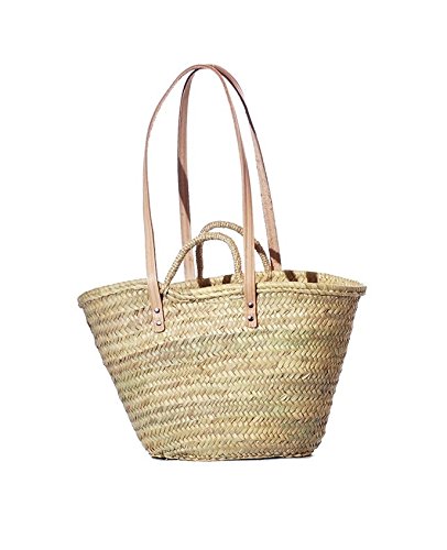 Capazo de Palma Reforzado, con asas larga de cuero. Cesto o Bolso de mimbre para la playa, fibras naturales. (6V, aprox. 36x20 cm)
