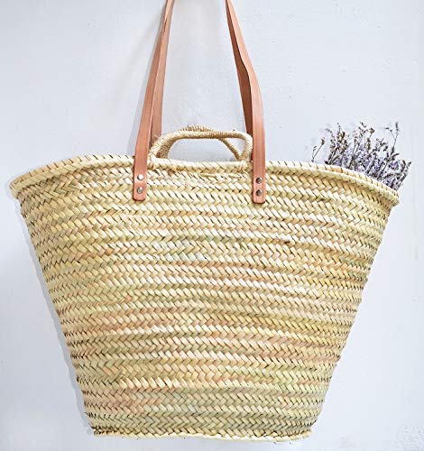 Capazo de Palma Reforzado, con asas larga de cuero. Cesto o Bolso de mimbre para la playa, fibras naturales. (6V, aprox. 36x20 cm)