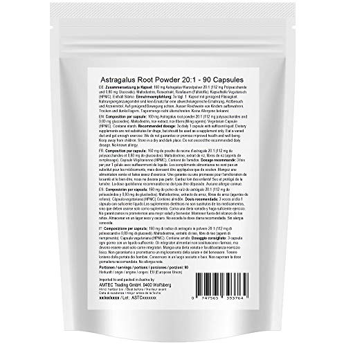 Cápsulas de Astrágalo (112 mg de polisacáridos y 0,8 mg de glucósidos) Tragant Tragacantha Membranaceus polvo de raíz - producto vegetal de calidad (1x90 cápsulas)