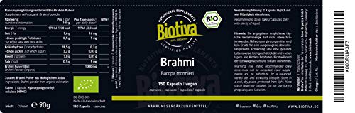 Cápsulas de brahmi orgánicas - 150 cápsulas - 500 mg por cápsula - Bacopa Monnieri - planta para la memoria - vegana - garantizada sin aditivos - llenada y verificada en Alemania (DE-ÖKO-005)