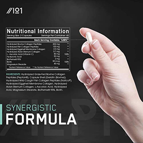Cápsulas de Complejo de Colágeno - 5 Tipos de Colágeno de Origen Alimentario - Pollo Hidrolizado Alimentado con Pasto Bovino y Pez Capturado en Mar Hecho. Con Acido Hialurónico, 120 Unidades