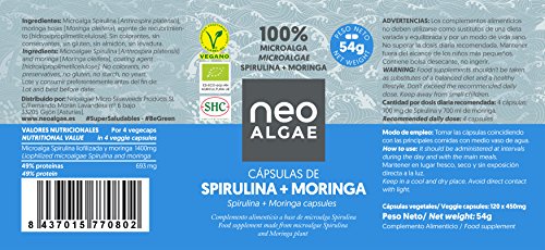 Cápsulas de Moringa y Spirulina | Efecto Depurativo de la Spirulina y Quemagrasas de la Moringa | Producción 100% Ecológica | 350 mg por Cápsula | 120 Cápsulas por Envase |