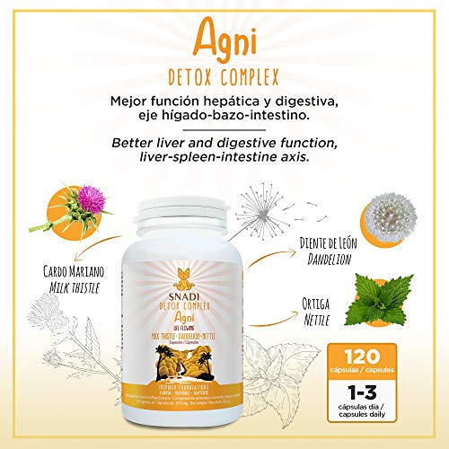 Capsulas vegetales AGNI de Cardo mariano, Diente de leon, Ortiga I 120 capsulas - 600 mg I Protector hepatico, desintoxicación para el hígado y sistema digestivo.