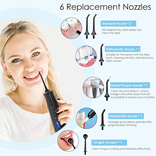 Carejet Irrigador Bucal Portátil Profesional - Irrigador Dental de 300ml con 3 Modos, 6 Boquillas Multifuncionales IPX7 USB Recargable, Viaje y el Uso diario