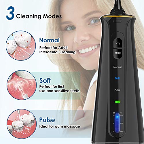 Carejet Irrigador Bucal Portátil Profesional - Irrigador Dental de 300ml con 3 Modos, 6 Boquillas Multifuncionales IPX7 USB Recargable, Viaje y el Uso diario