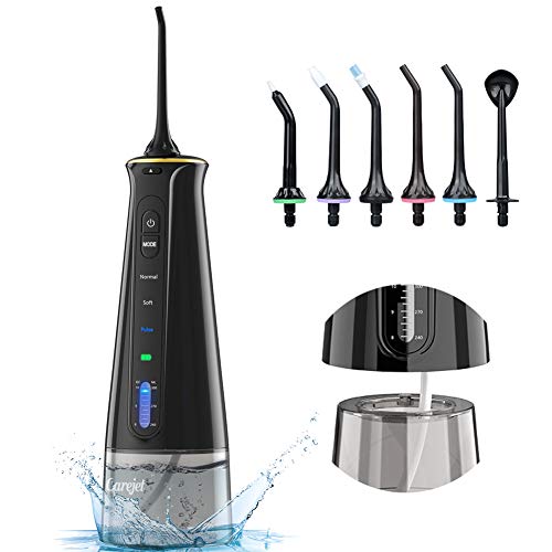 Carejet Irrigador Bucal Portátil Profesional - Irrigador Dental de 300ml con 3 Modos, 6 Boquillas Multifuncionales IPX7 USB Recargable, Viaje y el Uso diario