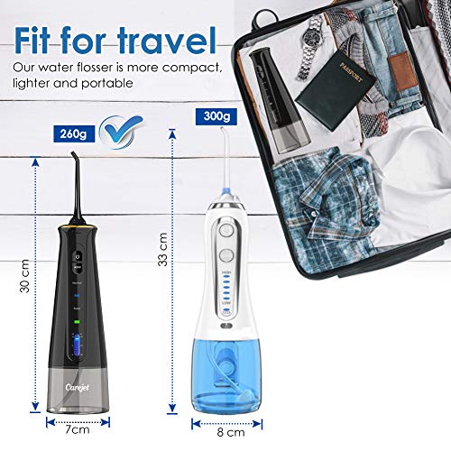 Carejet Irrigador Bucal Portátil Profesional - Irrigador Dental de 300ml con 3 Modos, 6 Boquillas Multifuncionales IPX7 USB Recargable, Viaje y el Uso diario