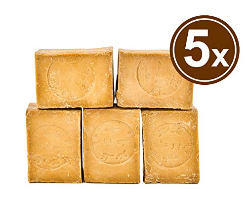 Carenesse Jabón Alepo Paquete de 5, 95% de aceite de oliva y 5% de aceite de laurel receta tradicional cortada a mano 100% vegetal jabón natural 900-950 g