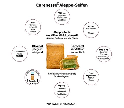 Carenesse Original Aleppo Jabón 2 x 200 g, 95% aceite de oliva y 5% lorbeeröl, natural Jabón en mano Después de altem Tradition Recetas y largo tiempo de maduración