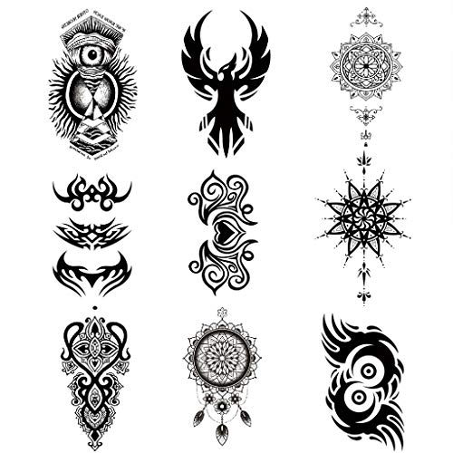 CARGEN® 9 hojas negras tatuajes temporales Totem tribal tatuaje pegatina impermeable extraíble falso Mandala tatuaje para hombres mujeres cuerpo arte maquillaje