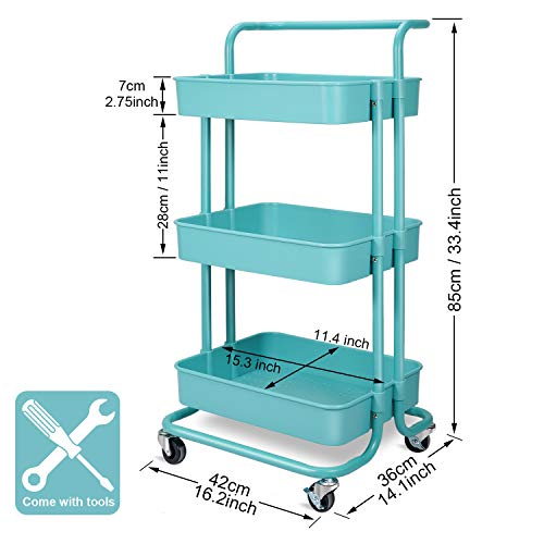 Carro de almacenamiento – 3 niveles de metal Rolling Utility Organizer Rack, Craft Art Cart, organizador multiusos, carro de servicio para oficina, baño, cocina, habitación infantil, lavandería, azul