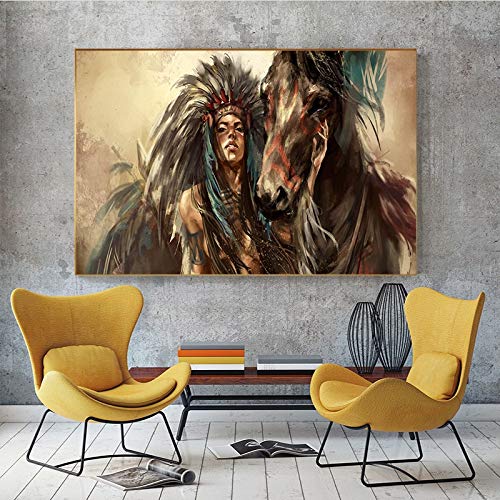 Cartel de Pintura al óleo de Caballo Indio Nativo Abstracto e impresión en Lienzo Imagen de Arte de Pared escandinava para Sala de Estar 40x60 cm