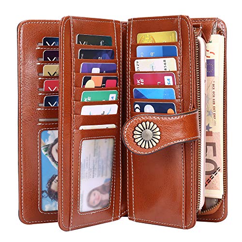 Cartera Cuero Mujer Bloqueo RFID Monedero Piel Mujer Grande con Muchos Bolsillos, Billetera Larga Mujer con Cremallera 26 Ranuras para Tarjetas, Carteras de Piel para Dama XXL (Marrón1)