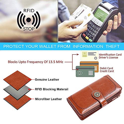 Cartera Cuero Mujer Bloqueo RFID Monedero Piel Mujer Grande con Muchos Bolsillos, Billetera Larga Mujer con Cremallera 26 Ranuras para Tarjetas, Carteras de Piel para Dama XXL (Marrón1)