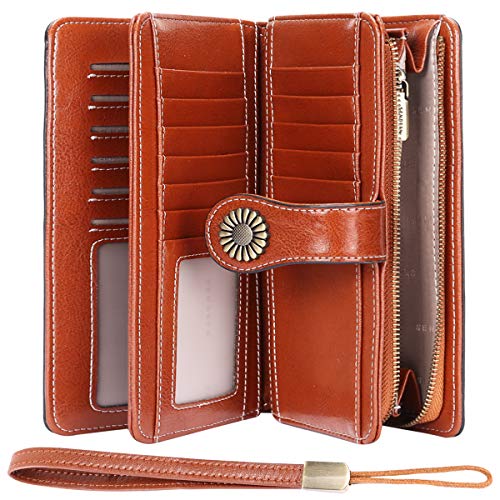 Cartera Cuero Mujer Bloqueo RFID Monedero Piel Mujer Grande con Muchos Bolsillos, Billetera Larga Mujer con Cremallera 26 Ranuras para Tarjetas, Carteras de Piel para Dama XXL (Marrón1)