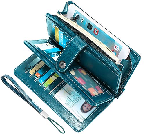 Cartera Cuero Mujer Bloqueo RFID Monedero Piel Mujer Grande con Muchos Bolsillos, Billetera Larga Mujer con Cremallera 26 Ranuras para Tarjetas, Carteras de Piel para Dama XXL (Mariposa Azul)