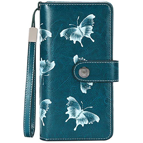 Cartera Cuero Mujer Bloqueo RFID Monedero Piel Mujer Grande con Muchos Bolsillos, Billetera Larga Mujer con Cremallera 26 Ranuras para Tarjetas, Carteras de Piel para Dama XXL (Mariposa Azul)