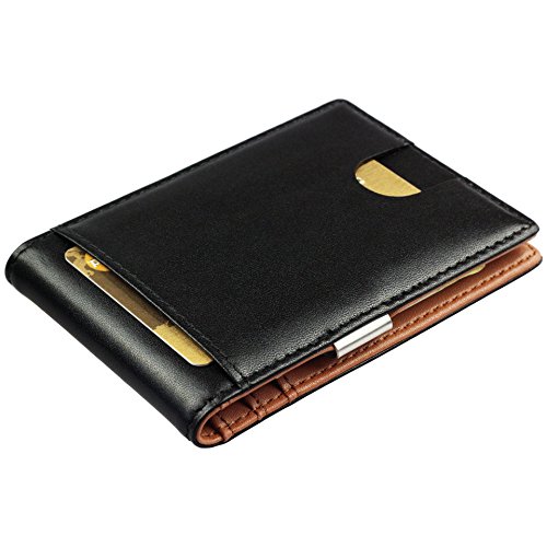 Cartera de Hombre con Pinza para Billetes - Billetera pequeña de Piel auténtica, Tarjetero con protección RFID, Regalos para Hombres, Negro/marrón