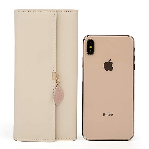 Cartera de Mujer - UTO Monedero Largo Adorno Hoja Colgante Cartera Minimalista con Bolsillo de Cremallera para Monedas Crema A