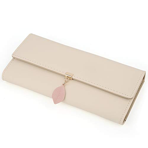 Cartera de Mujer - UTO Monedero Largo Adorno Hoja Colgante Cartera Minimalista con Bolsillo de Cremallera para Monedas Crema A