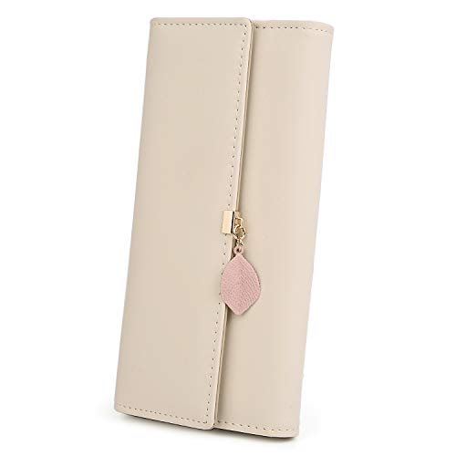 Cartera de Mujer - UTO Monedero Largo Adorno Hoja Colgante Cartera Minimalista con Bolsillo de Cremallera para Monedas Crema A