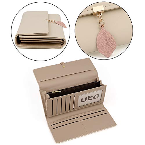 Cartera de Mujer - UTO Monedero Largo Adorno Hoja Colgante Cartera Minimalista con Bolsillo de Cremallera para Monedas Crema A