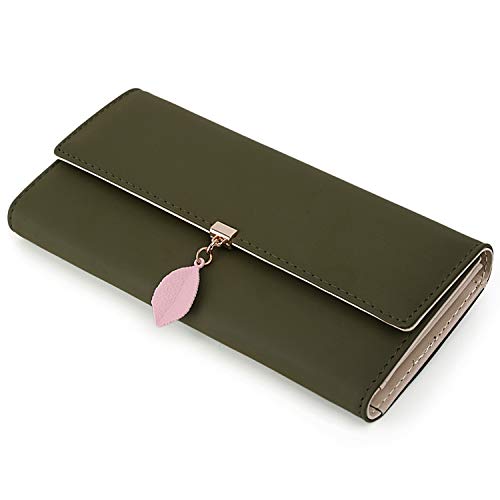 Cartera de Mujer - UTO Monedero Largo Adorno Hoja Colgante Cartera Minimalista con Bolsillo de Cremallera para Monedas Verde Hierba