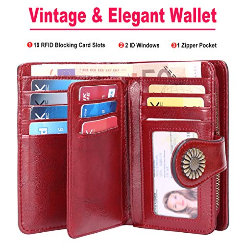 Cartera Mujer Mediana Bloqueo RFID Billeteras Mujer Piel Autentica con Cremallera, Gran Capacidad Billetera Monedero Mujer con Portafoto, Carteras Elegante Mujer con Correa Muñeca 13 Tarjetas (Rojo)